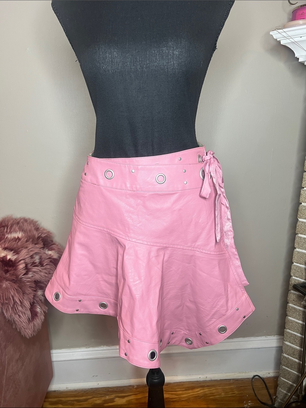 Free People Pink Leather Grommet Tie-Waist Skirt